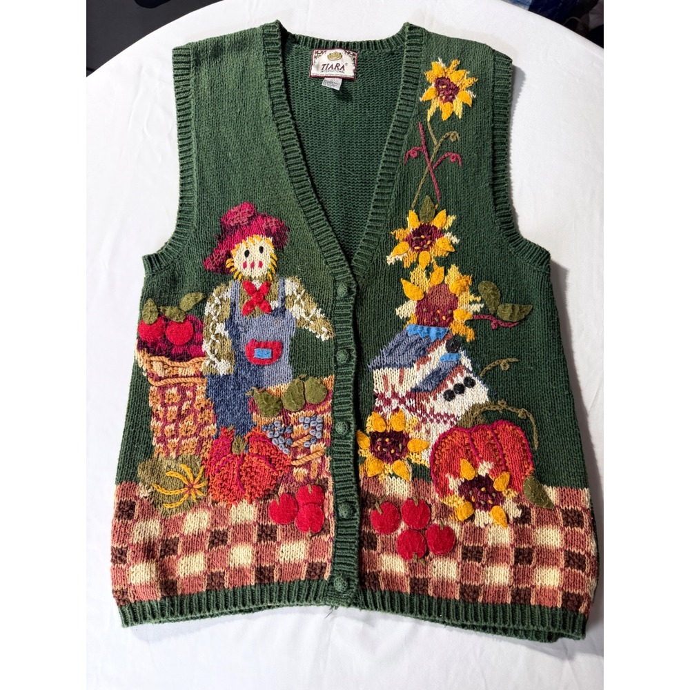 Vintage Tiara International Fall Scarecrow Sunflower Sweater Vest Green Large